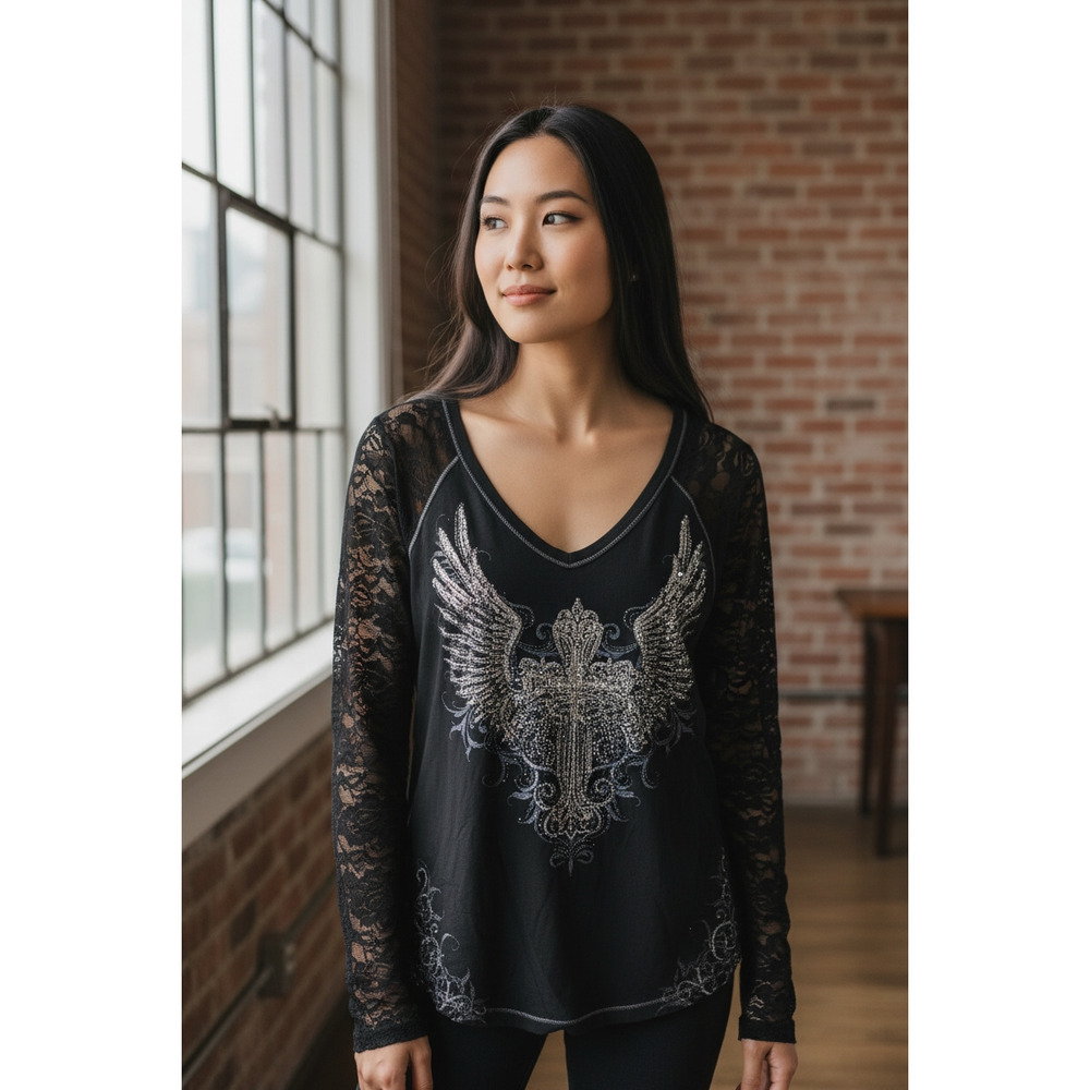 4668) Maurices Premium Black Long Sleeve Lace Graphic Goth Whimsy V neck Tee Med